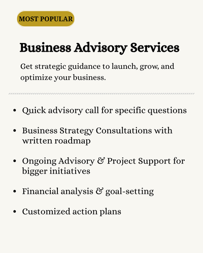 Business Advisory Services card — strategy consultations, project-based advisory, and financial goal-setting for business owners.