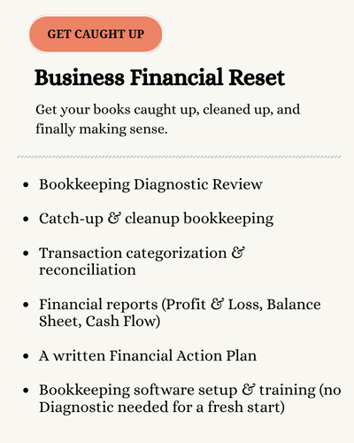 Business Financial Reset service card — Bookkeeping Diagnostic Review, catch-up and cleanup, and a written financial action plan.