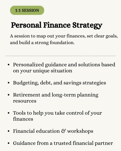 Personal Finance Strategy session card — a free 1:1 session for budgeting, debt payoff, and retirement planning.